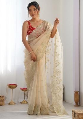Beige Embroidered Organza Saree Set