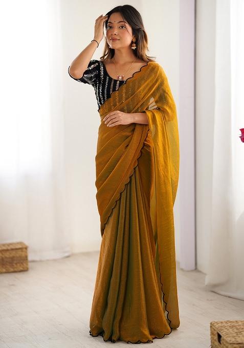 Mustard Yellow Embroidered Chiffon Saree Set