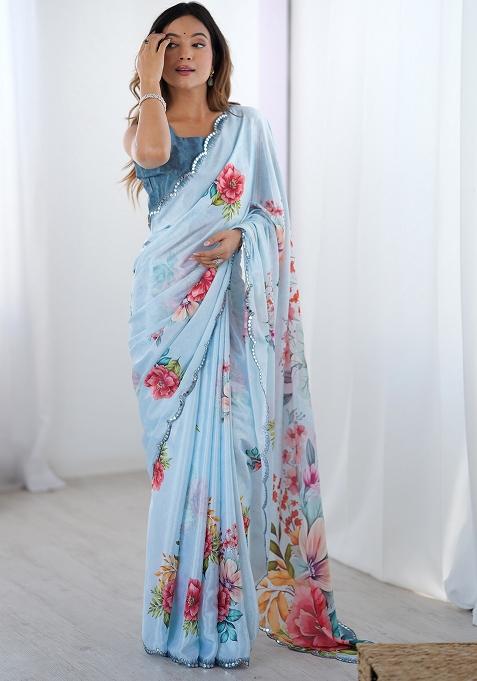 Blue Printed Chiffon Saree Set