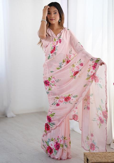 Pink Printed Chiffon Saree Set