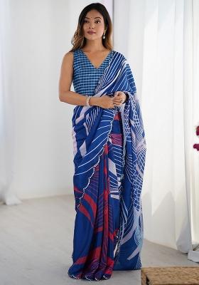Blue Printed Chiffon Saree Set