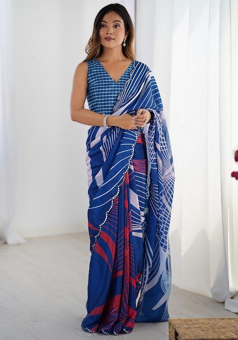 Blue Printed Chiffon Saree Set