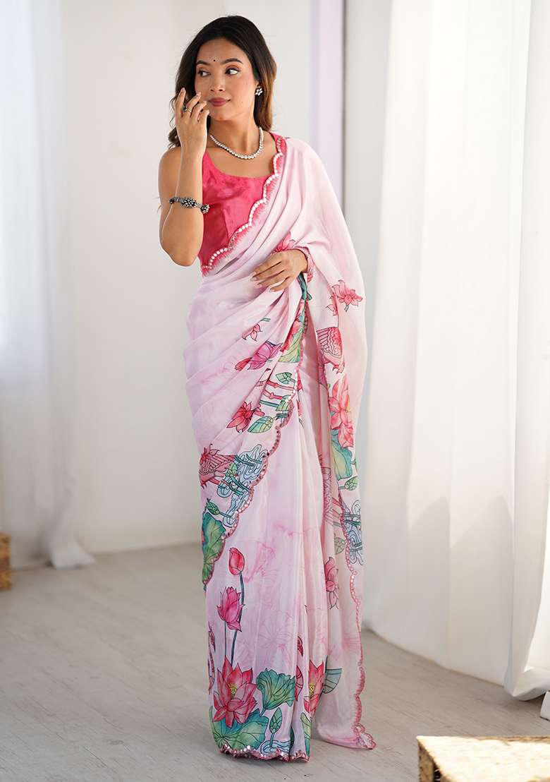 Off White Printed Chiffon Saree Set for Diwali and Festive Wear - Indya