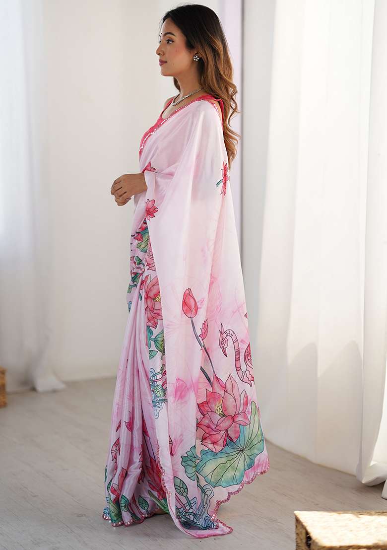 Off White Printed Chiffon Saree Set for Diwali and Festive Wear - Indya
