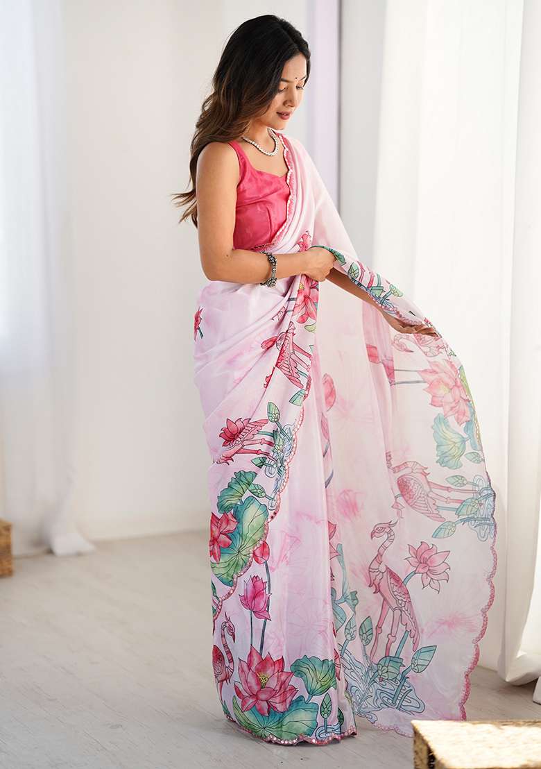 Off White Printed Chiffon Saree Set for Diwali and Festive Wear - Indya