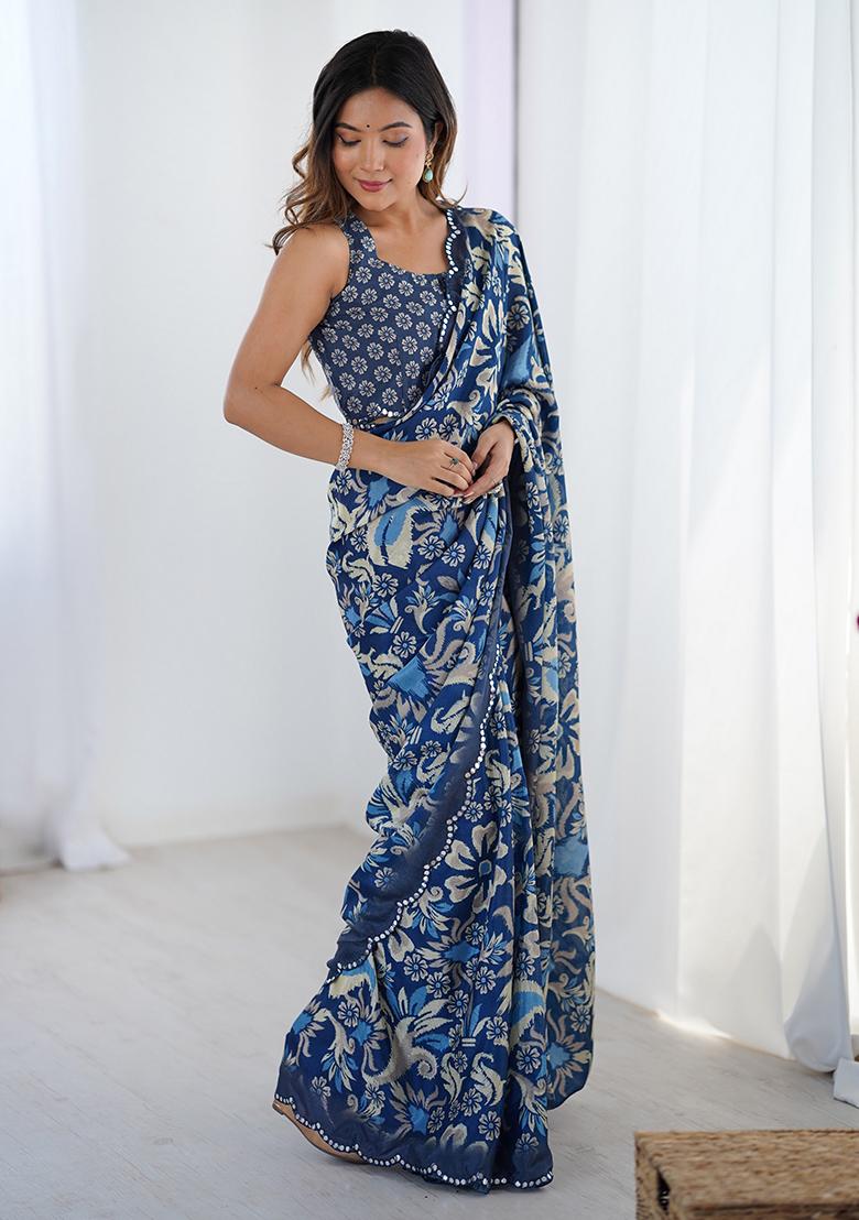 Blue Printed Chiffon Saree Set - Indya