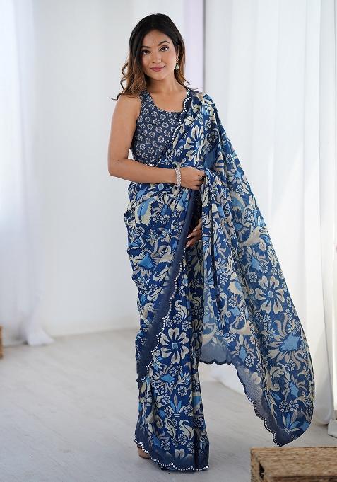 Blue Printed Chiffon Saree Set