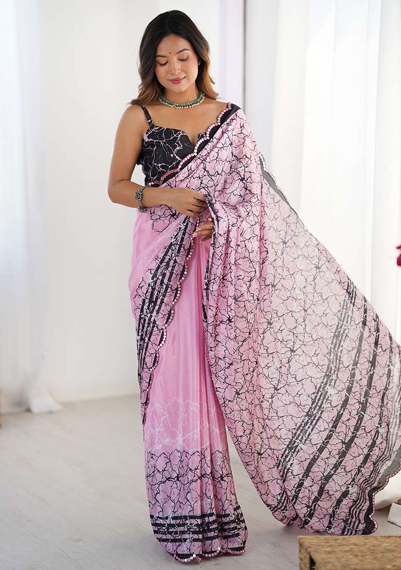 Pink Printed Chiffon Saree Set for Diwali and Festive Wear - Indya