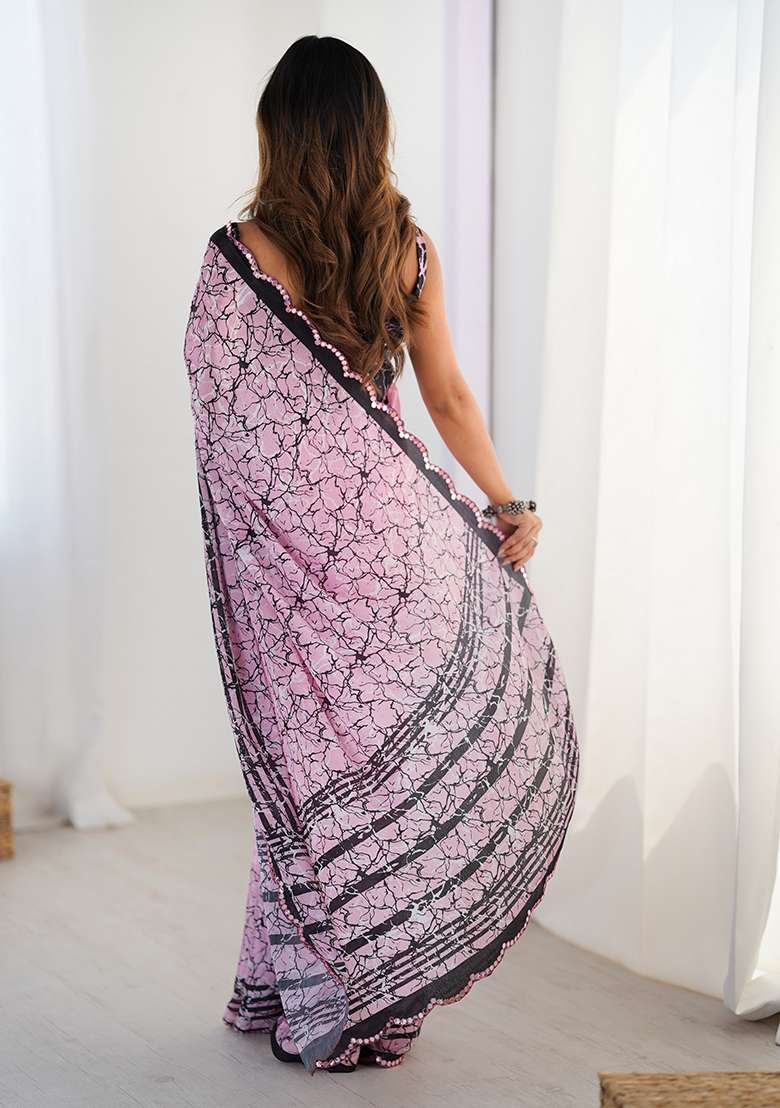Pink Printed Chiffon Saree Set for Diwali and Festive Wear - Indya