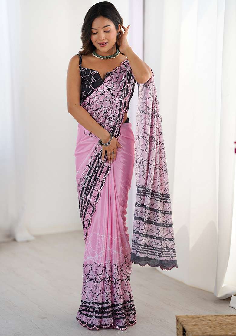 Pink Printed Chiffon Saree Set for Diwali and Festive Wear - Indya