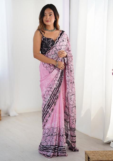 Pink Printed Chiffon Saree Set
