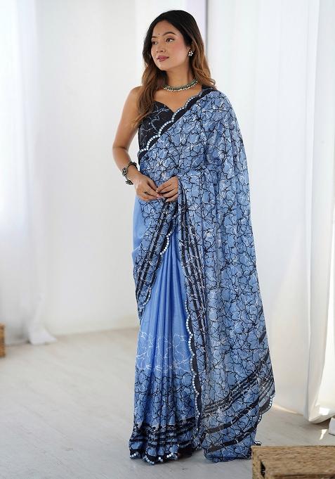 Blue Printed Chiffon Saree Set