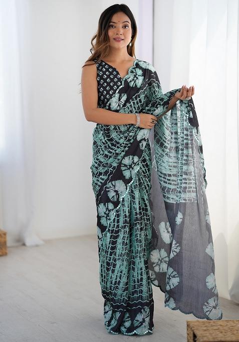 Black Printed Chiffon Saree Set