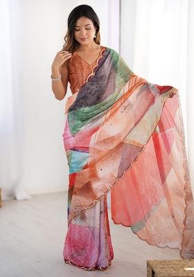 Multicolor Printed Chiffon Saree Set