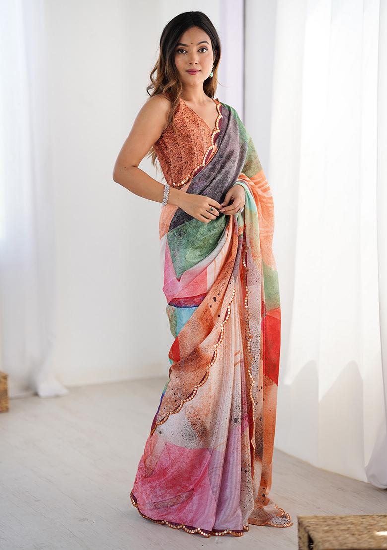 Multicolor Printed Chiffon Saree Set - Indya