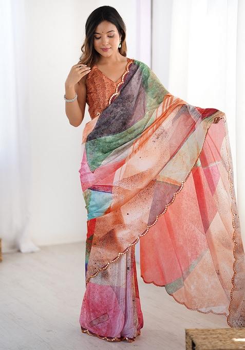 Multicolor Printed Chiffon Saree Set