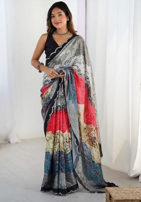 Grey Printed Chiffon Saree Set