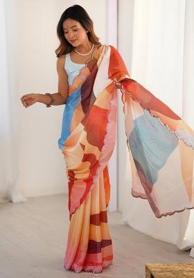 Multicolor Printed Chiffon Saree Set