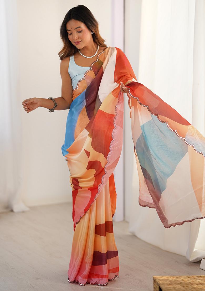 Multicolor Printed Chiffon Saree Set