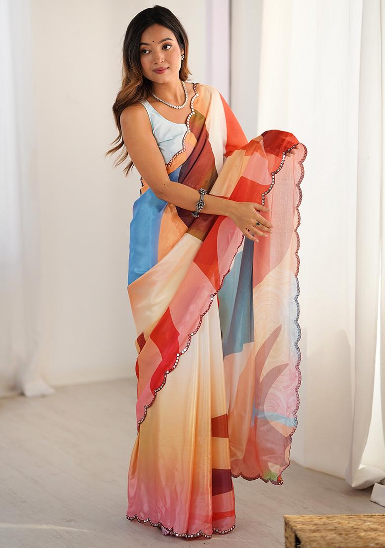 Multicolor Printed Chiffon Saree Set