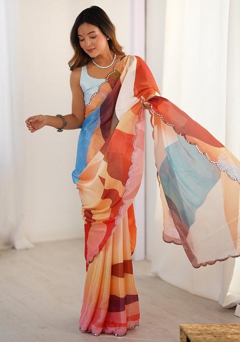 Multicolor Printed Chiffon Saree Set