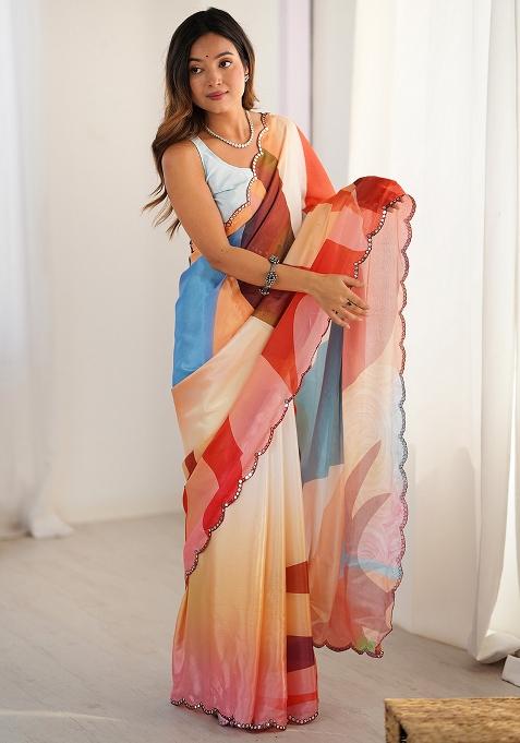 Multicolor Printed Chiffon Saree Set