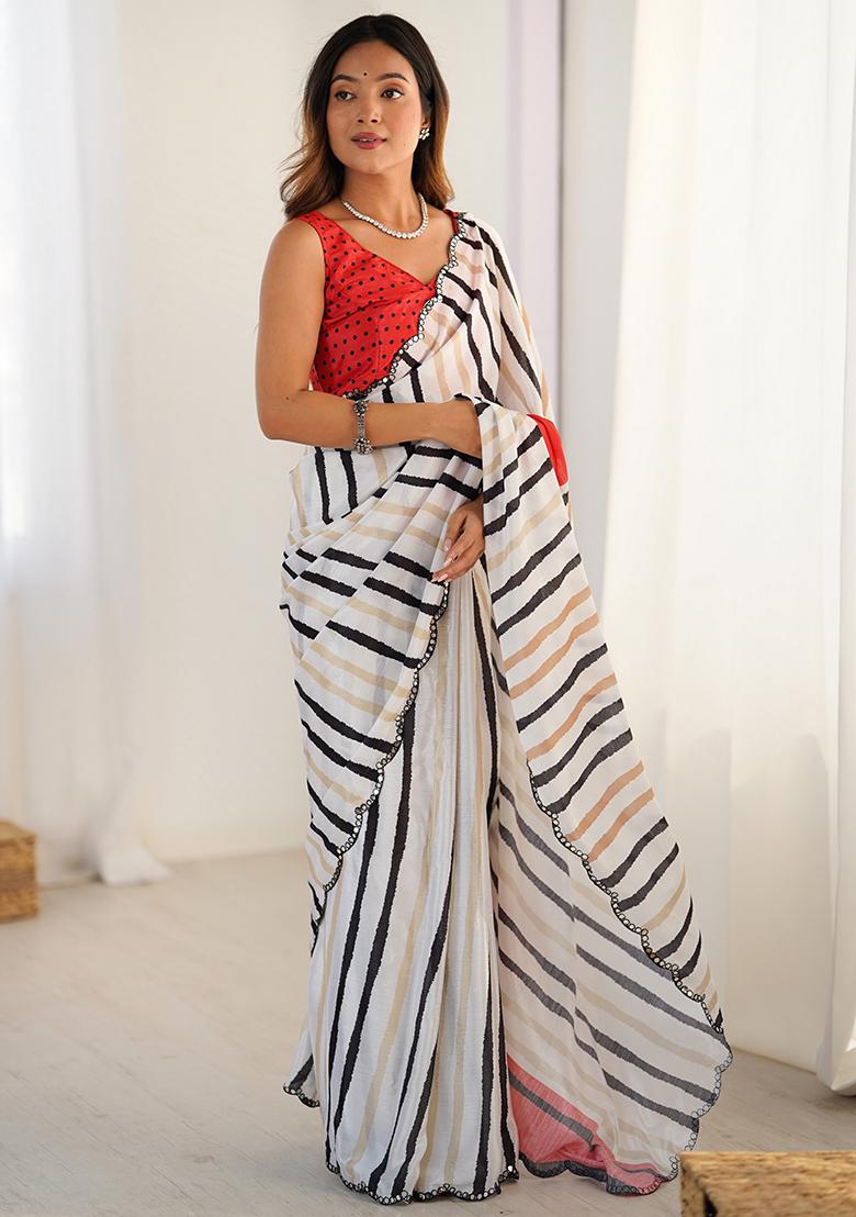 White Printed Chiffon Saree Set