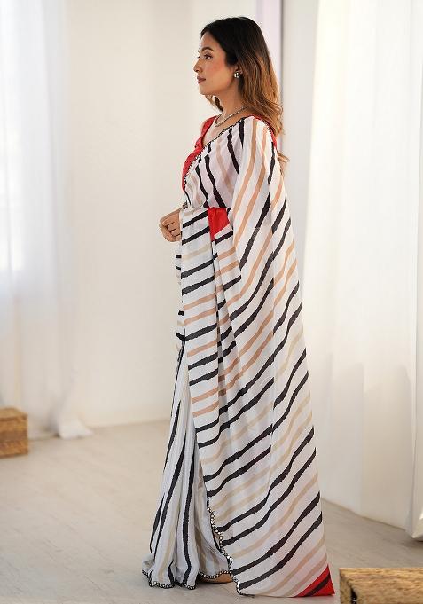 White Printed Chiffon Saree Set