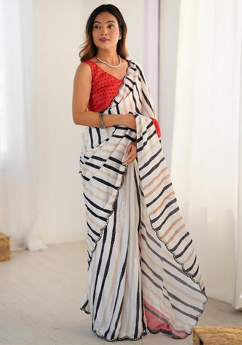 White Printed Chiffon Saree Set