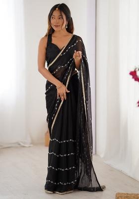 Black Embroidered Chiffon Saree Set