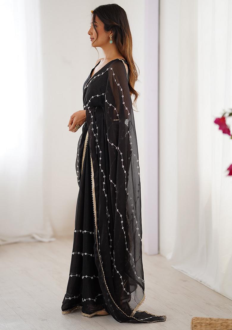 Black Embroidered Chiffon Saree Set - Indya