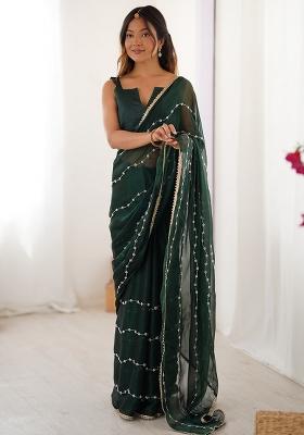 Green Embroidered Chiffon Saree Set