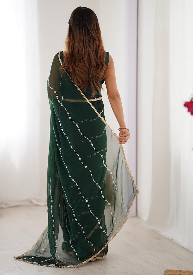 Green Embroidered Chiffon Saree Set - Indya