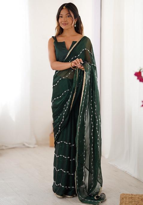 Green Embroidered Chiffon Saree Set
