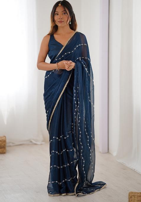Teal Blue Embroidered Chiffon Saree Set