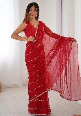 Red Embroidered Chiffon Saree Set
