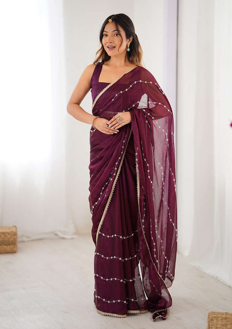 Wine Embroidered Chiffon Saree Set for Diwali and Festive Wear - Indya