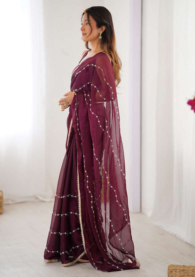 Wine Embroidered Chiffon Saree Set for Diwali and Festive Wear - Indya