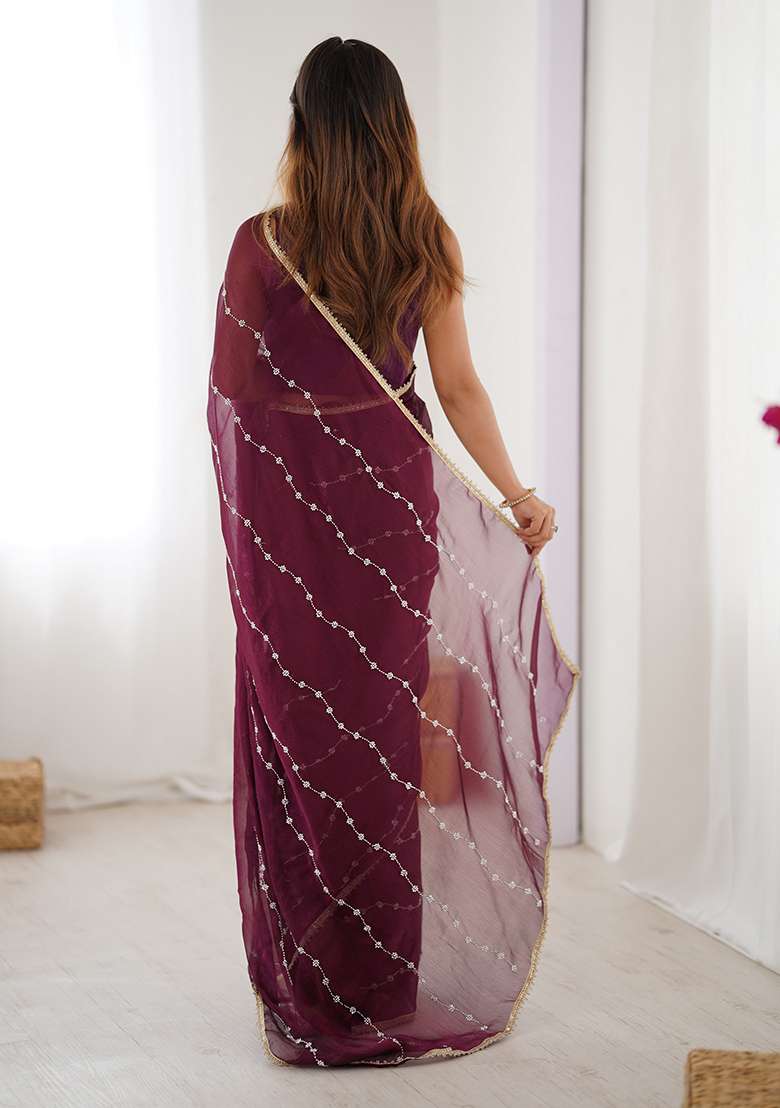 Wine Embroidered Chiffon Saree Set for Diwali and Festive Wear - Indya