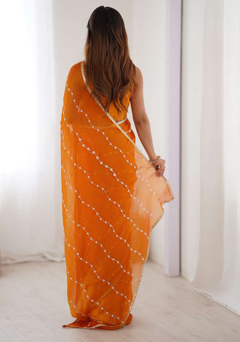 Yellow Chiffon Saree Set with Embroidered for Diwali | Wedding & Festive Wear - Indya