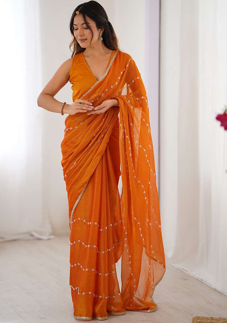 Yellow Chiffon Saree Set with Embroidered for Diwali | Wedding & Festive Wear - Indya