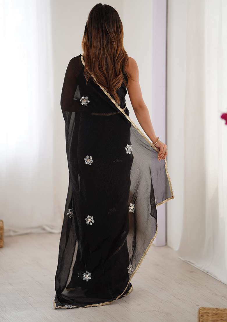 Black Chiffon Saree Set with Embroidered for Diwali | Wedding & Festive Wear - Indya