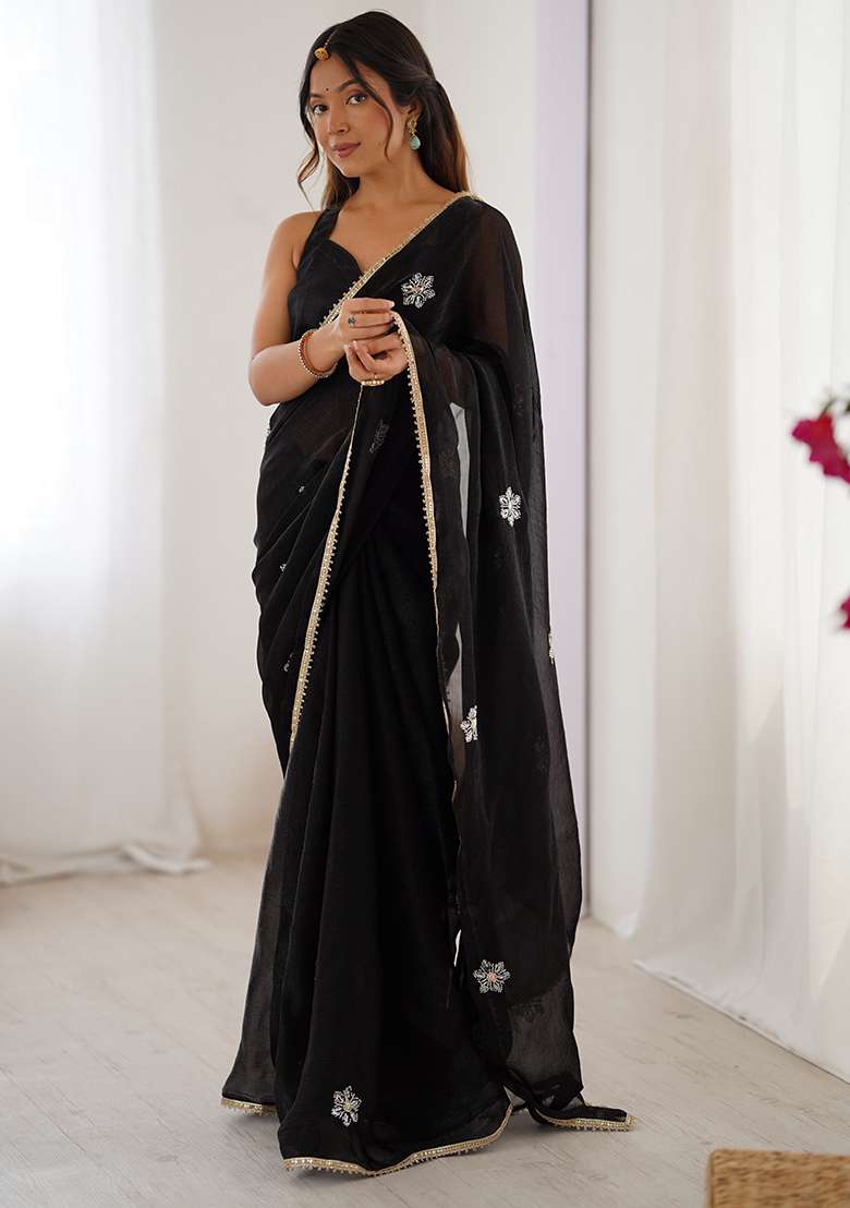 Black Chiffon Saree Set with Embroidered for Diwali | Wedding & Festive Wear - Indya