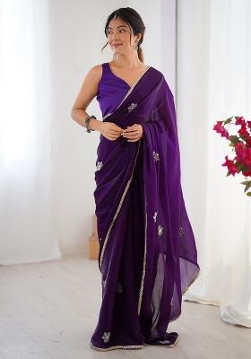 Purple Embroidered Chiffon Saree Set