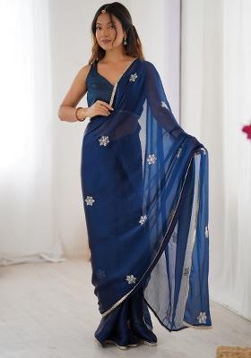 Teal Blue Embroidered Chiffon Saree Set