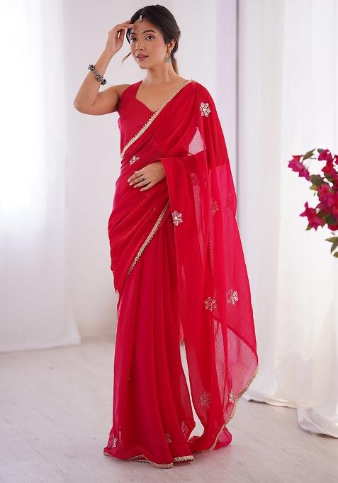 Red Embroidered Chiffon Saree Set