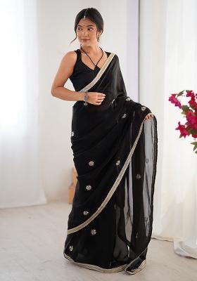 Black Embroidered Chiffon Saree Set