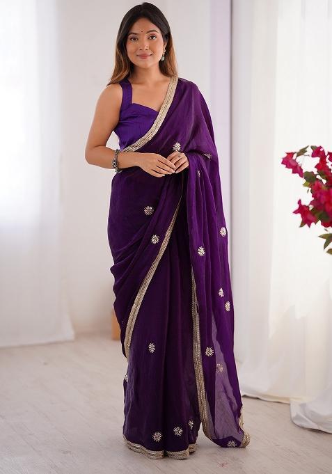 Purple Embroidered Chiffon Saree Set
