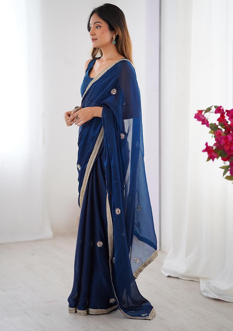 Blue Embroidered Chiffon Saree Set