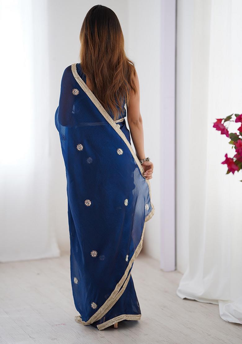 Blue Embroidered Chiffon Saree Set